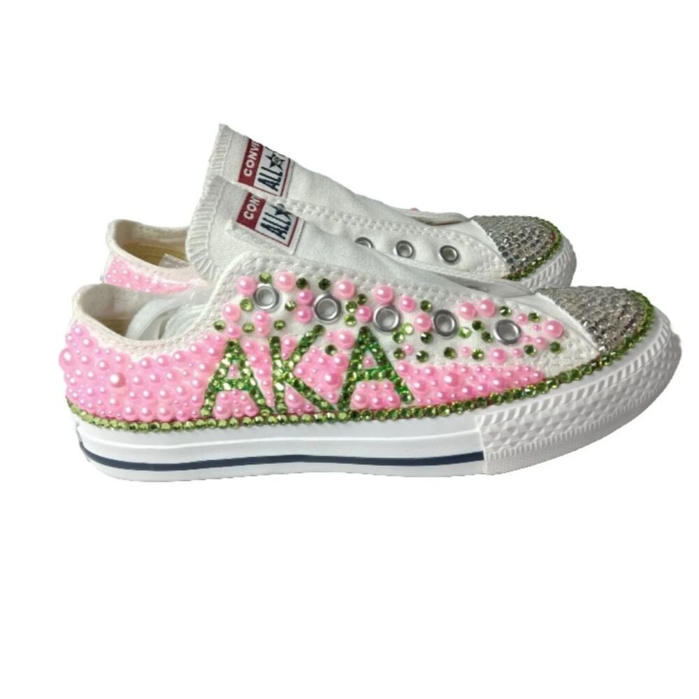Alpha Kappa Alpha Bling Sneakers Custom Converse Beads Rhinestones Girls Size 13 - Picture 6 of 12